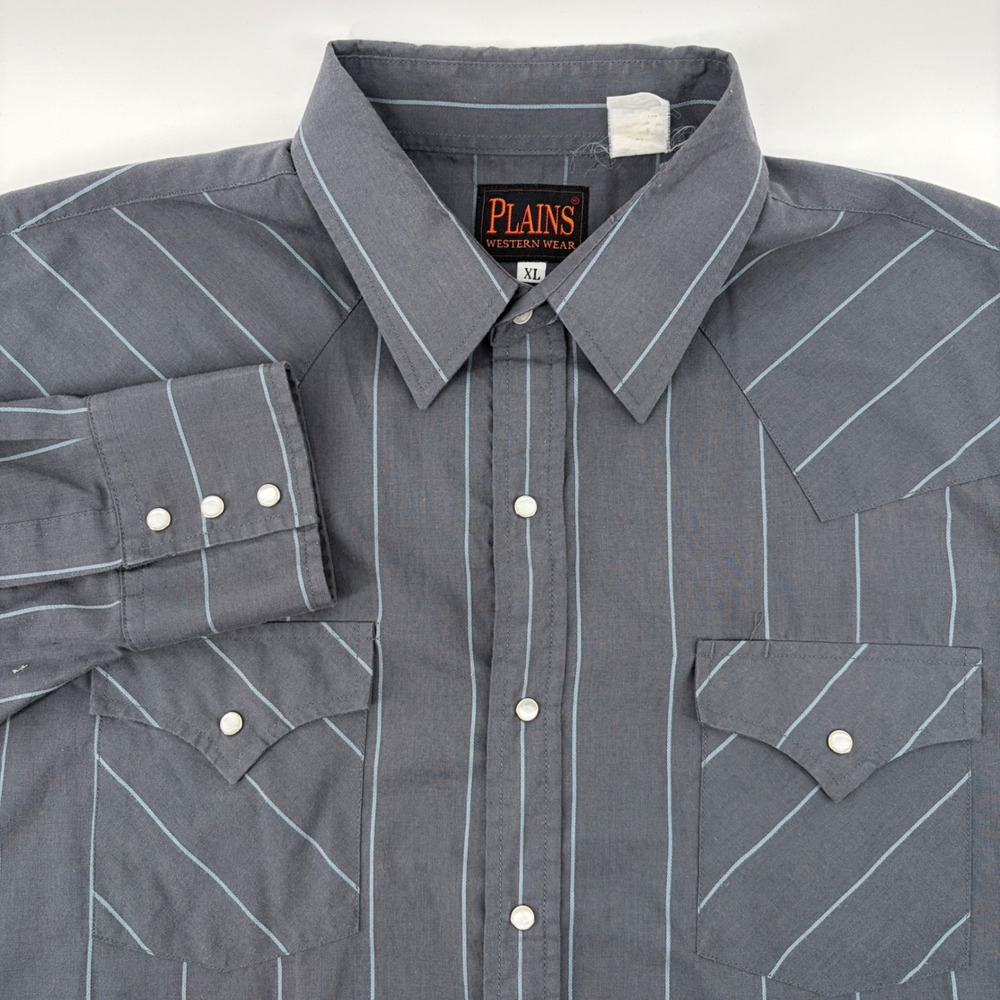 VTG Plains Western Wear Men XL Pearl Snap Shirt Gray Pinstripe LS  Cowboy